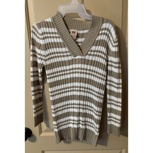 Vintage Faded Glory Woman Beige Striped L/S  VNeck Sweater Size XL 16-18 NWOT